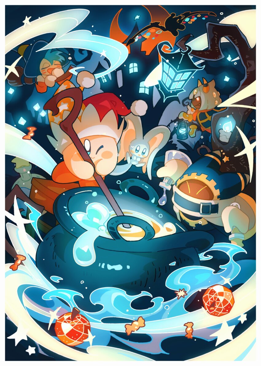 ^_^ absurdres apple bare_tree beam_kirby blue_eyes blue_fire blue_hat blunt_bangs blush blush_stickers border broom broom_riding candle candy cauldron cloak closed_eyes closed_mouth copy_ability crystal_apple elfilin erlenmeyer_flask fang fang_out fire flask flying food fruit gem_apple glef_life gryll_(kirby) hat highres holding holding_flask hood hood_up horns jester_cap kirby kirby_(series) lantern looking_down magic magolor mansion marx_(kirby) multicolored_hat night night_sky nintendo no_humans notched_ear one_eye_closed open_mouth orange_hat outdoors pom_pom_(clothes) potion pouring red_hat round-bottom_flask short_hair silhouette sky smile sparkle star_(sky) star_(symbol) star_print starry_sky stirring sweatdrop taranza tree white_border white_cloak white_hair witch_hat yawning