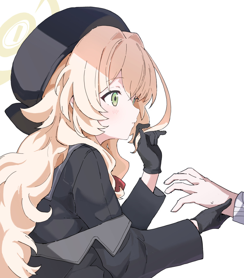 1girl absurdres black_coat black_gloves black_hat black_shirt blonde_hair blue_archive closed_mouth coat gloves green_eyes halo hat highres long_sleeves professor_niyaniya_(blue_archive) shirt simple_background solo_focus textless_version transparent_background wavy_hair yellow_halo yucblossom