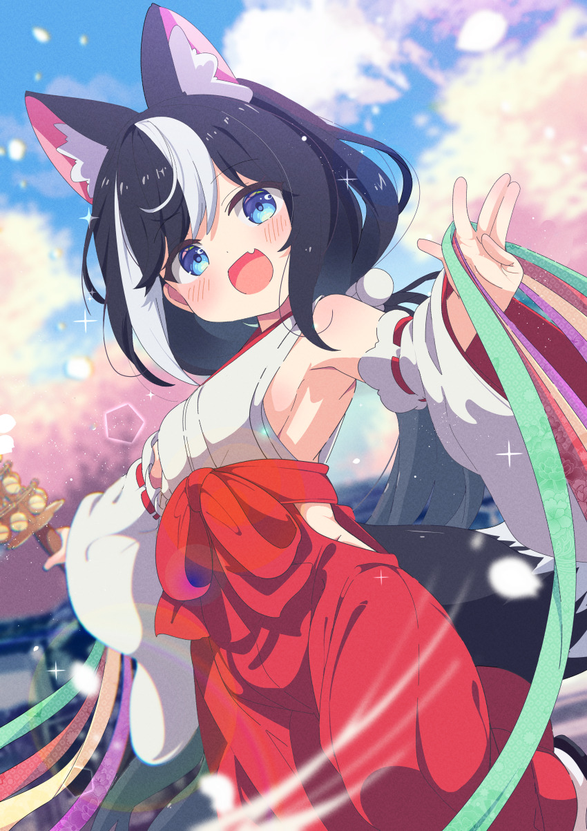 1girl absurdres animal_ears bare_shoulders black_hair blue_eyes blush breasts cherry_blossoms commission detached_sleeves fox_ears fox_tail hakama hakama_skirt highres holding japanese_clothes kimono long_hair looking_at_viewer miko multicolored_hair open_mouth original outdoors red_hakama ribbon-trimmed_sleeves ribbon_trim shiro9jira skeb_commission skirt small_breasts smile solo streaked_hair tail white_hair white_kimono wide_sleeves
