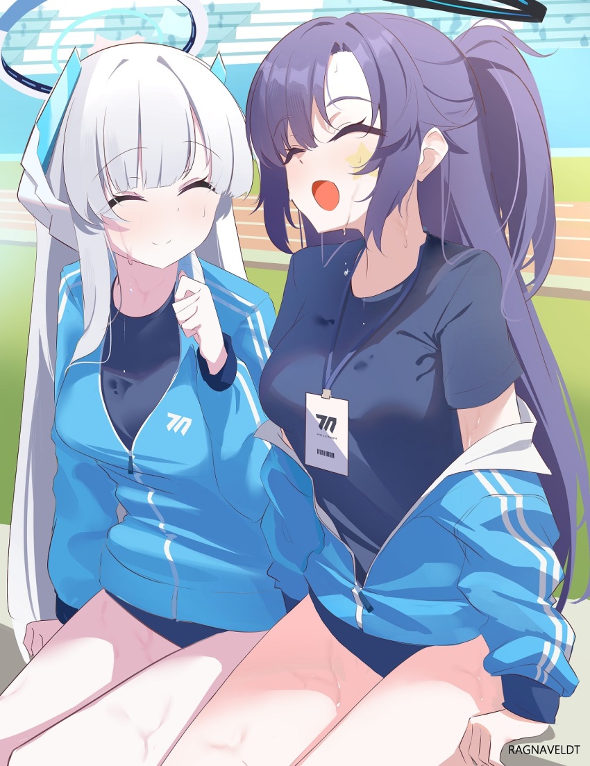 2girls black_halo blue_archive blue_buruma blue_jacket blue_shirt breasts buruma closed_eyes grey_hair gym_shirt gym_uniform halo headphones highres jacket long_hair mechanical_halo medium_breasts multiple_girls noa_(blue_archive) open_clothes open_jacket open_mouth partially_unzipped ponytail purple_hair ragnaveldt shirt sitting smile star_(symbol) star_sticker sticker sticker_on_face sweat thighs track_jacket white_halo yuuka_(blue_archive) yuuka_(track)_(blue_archive)