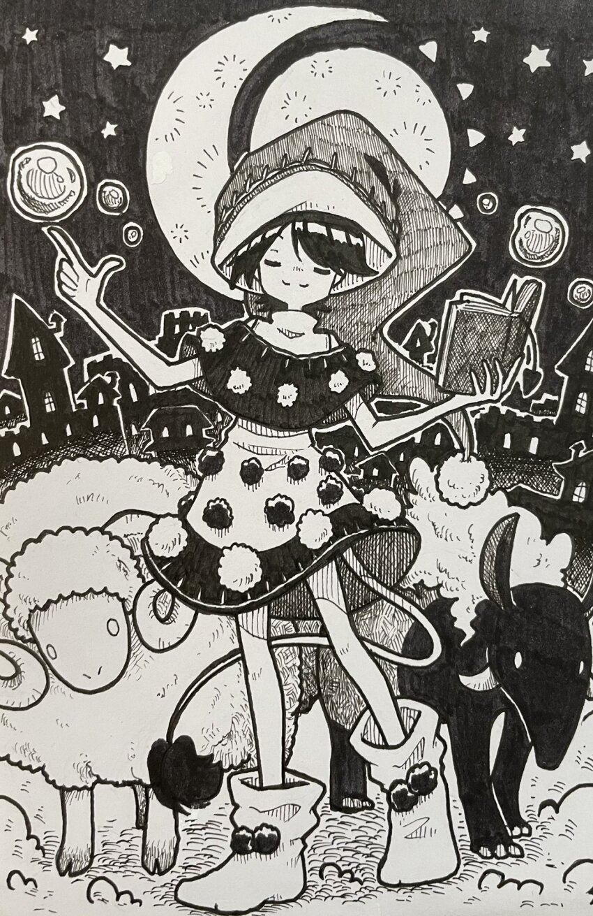 1girl baku_(creature) blob book boots closed_eyes closed_mouth commentary doremy_sweet dream_soul facing_viewer greyscale hat highres holding holding_book horns monochrome nightcap open_book pom_pom_(clothes) sheep smile solo suteruko tail tapir_tail touhou traditional_media