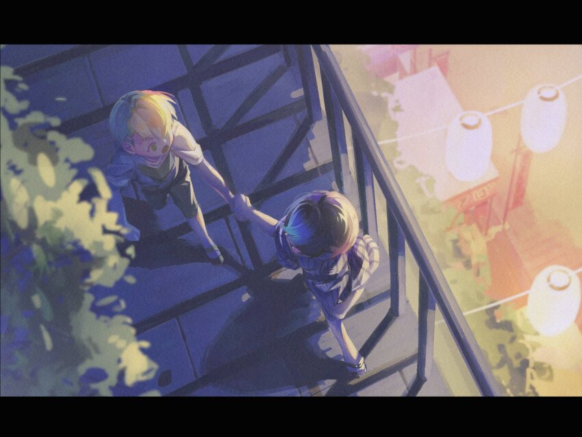 2boys black_hair blonde_hair bridge commentary digimon digimon_seekers digua92537359 highres holding_hands leon_alexander male_focus multiple_boys nagasumi_eiji outdoors shirt short_hair shorts symbol-only_commentary white_shirt