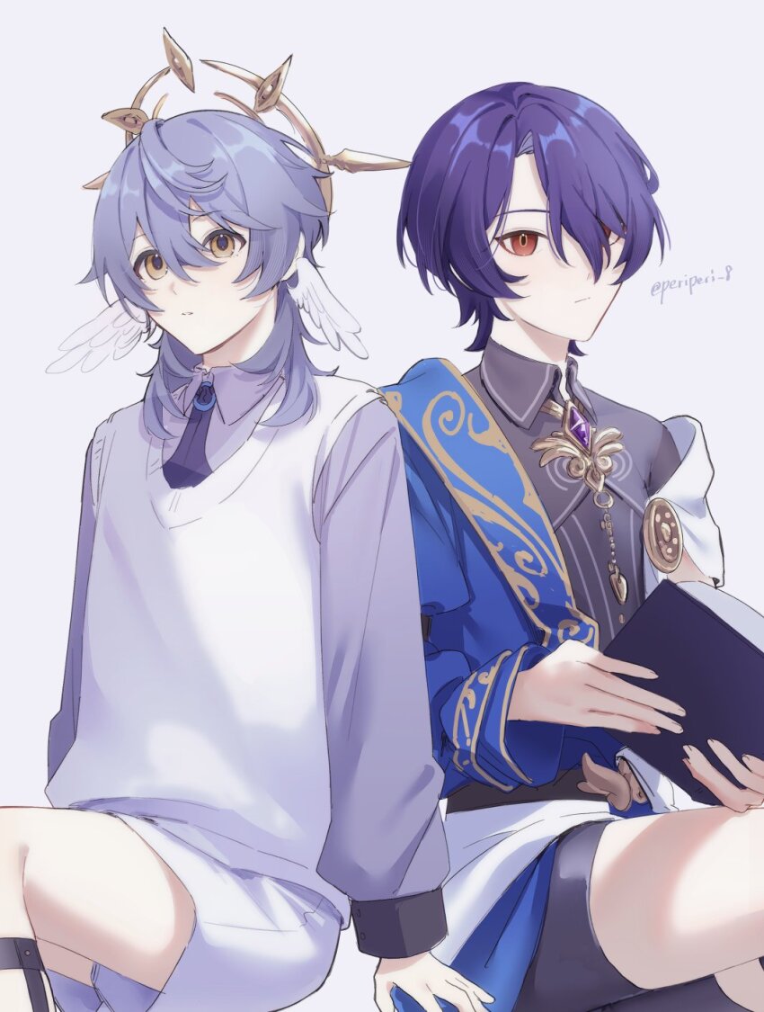 2boys aged_down black_shirt black_shorts blue_hair book closed_mouth collared_shirt dr._ratio_(honkai:_star_rail) grey_hair hair_between_eyes halo head_wings highres holding holding_book honkai:_star_rail honkai_(series) long_sleeves male_focus multiple_boys necktie peridot_(periperi_8) red_eyes shirt short_hair shorts simple_background sunday_(honkai:_star_rail) sweater_vest white_shorts wings yellow_eyes