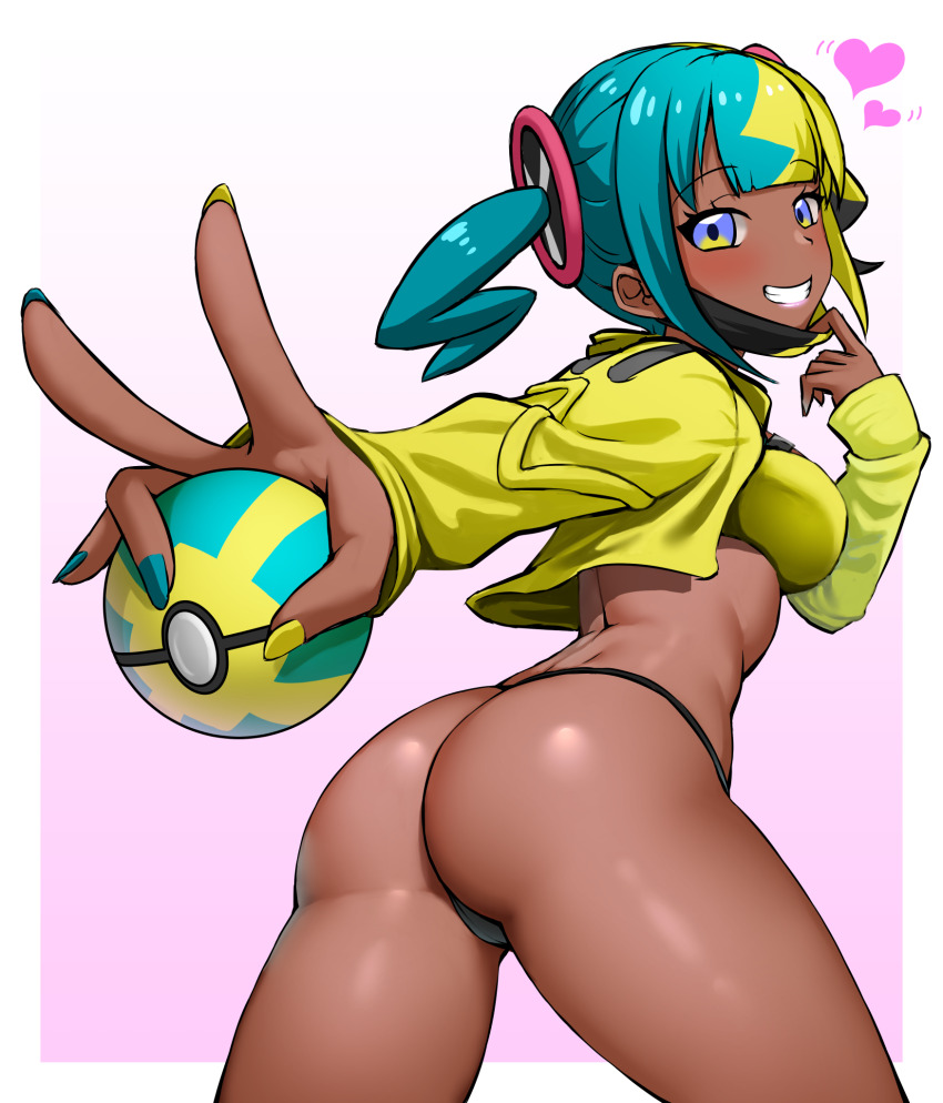 1girl ass bandeau blue_eyes border breasts canari_(pokemon) commentary_request dark-skinned_female dark_skin eyelashes gradient_background grin hajime_(wkpz8247) hand_up heart highres holding holding_poke_ball holding_with_gesture jacket legs_apart long_sleeves looking_back mask mask_pull mouth_mask nail_polish nintendo open_clothes open_jacket outside_border panties poke_ball pokemon pokemon_legends:_z-a quick_ball short_twintails smile solo teeth thong twintails underwear v white_border yellow_bandeau yellow_jacket yellow_nails
