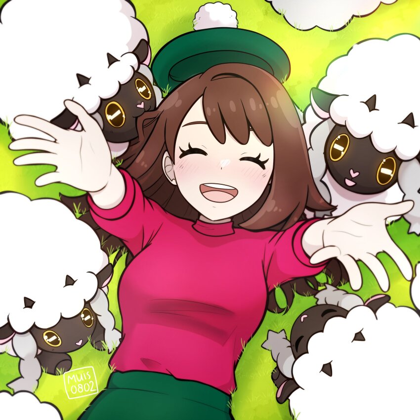 1girl :d absurdres alternate_costume alternate_hair_length alternate_hairstyle brown_hair closed_eyes commentary day eyelashes facing_viewer gen_8_pokemon gloria_(pokemon) grass green_hat green_skirt happy hat highres light_blush long_hair lying muis0802 nintendo on_back open_mouth outdoors outstretched_hand pink_shirt pokemon pokemon_(creature) pokemon_swsh shirt signature skirt smile tam_o&#039;_shanter teeth three-quarter_sleeves tongue upper_teeth_only wooloo