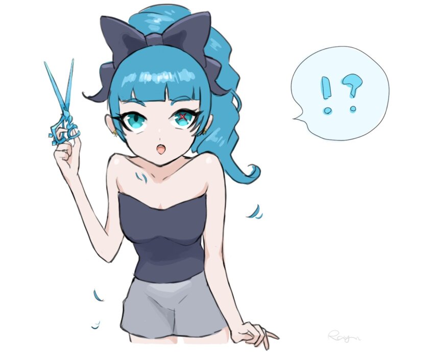 !? 1girl :o alternate_costume alternate_hairstyle bare_shoulders black_bow black_shirt blunt_bangs bow collarbone cropped_legs green_eyes green_hair grey_shorts gwen_(league_of_legends) hair_bow holding holding_scissors league_of_legends looking_at_viewer pale_skin ponytail rayn87250715 scissors shirt shorts simple_background solo speech_bubble strapless strapless_shirt symbol_in_eye teeth upper_teeth_only white_background