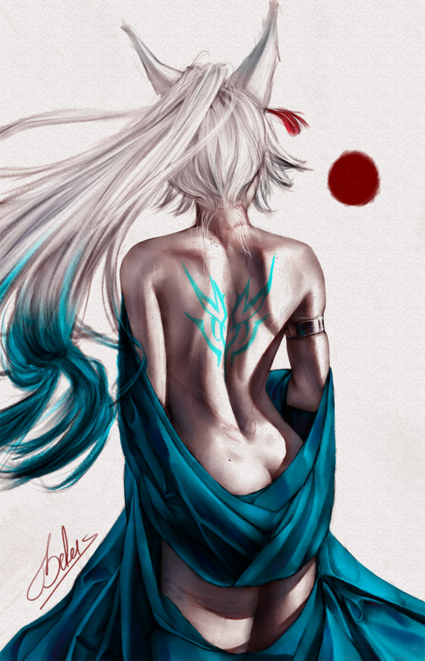 1girl animal_ears armlet back bekus blue_shawl butt_crack commentary dimples_of_venus english_commentary facing_away feixiao_(honkai:_star_rail) fox_girl gold_armlet gradient_hair highres honkai:_star_rail honkai_(series) jewelry median_furrow multicolored_hair nude ponytail shawl signature solo tagme tattoo white_background white_hair