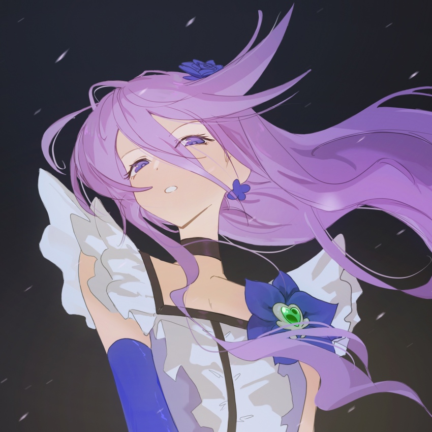 1girl absurdres blue_gloves brooch commentary cure_moonlight dress earrings elbow_gloves english_commentary ffgghhjj flower gloves hair_flower hair_ornament heart heart_brooch heartcatch_precure! highres jewelry long_hair magical_girl open_mouth precure purple_eyes purple_hair short_sleeves single_glove solo tsukikage_yuri upper_body white_dress