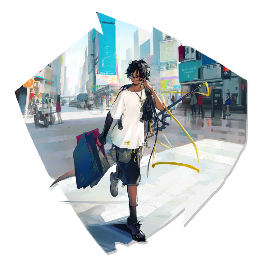 1boy adjusting_eyewear arknights bag bespectacled black-framed_eyewear black_footwear black_hair black_shorts city crowd full_body glasses hand_up highres holding holding_bag huanxiang_heitu jewelry necklace official_alternate_costume official_art orange_eyes outdoors shirt shoes shopping_bag short_hair shorts sword thorns_(arknights) thorns_(comodo)_(arknights) transparent_background walking weapon white_shirt