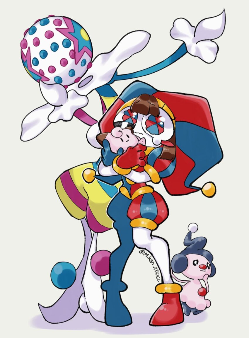1girl blacephalon black_eyes blue_eyes blush blush_stickers brown_hair clefairy closed_mouth colored_skin gen_1_pokemon gen_4_pokemon gen_7_pokemon glitch_productions hat highres hug jester_cap mikan_xddcc mime_jr. multicolored_eyes nintendo pink_skin pokemon pokemon_(creature) pomni_(the_amazing_digital_circus) red_eyes standing tears the_amazing_digital_circus twitter_username two-tone_eyes ultra_beast wavy_hair white_skin