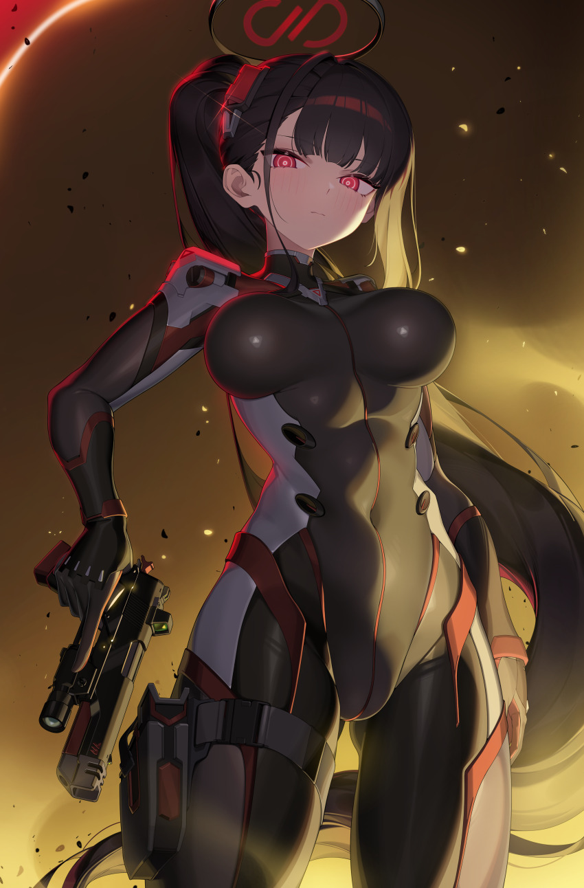 1girl absurdres black_bodysuit black_hair blue_archive blunt_bangs blush bodysuit breasts bright_pupils covered_navel gun hachirodesu halo handgun highres holding holding_gun holding_weapon large_breasts long_hair looking_at_viewer official_alternate_costume ponytail red_eyes ringed_eyes rio_(blue_archive) rio_(bodysuit)_(blue_archive) simple_background skin_tight solo standing trigger_discipline very_long_hair weapon