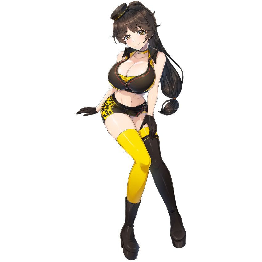 1girl black_gloves black_shoes boots breasts brown_eyes brown_hair cleavage crop_top dolphin_wave don_quijote_(store) game_cg gloves hat highres large_breasts long_hair looking_at_viewer low-tied_long_hair mini_hat mole mole_on_breast mole_under_mouth navel non-web_source official_art ootomo_takuji pencil_skirt ponytail shoes single_thigh_boot sitting skirt solo thigh_boots thighhighs transparent_background yamaba_yume yellow_thighhighs
