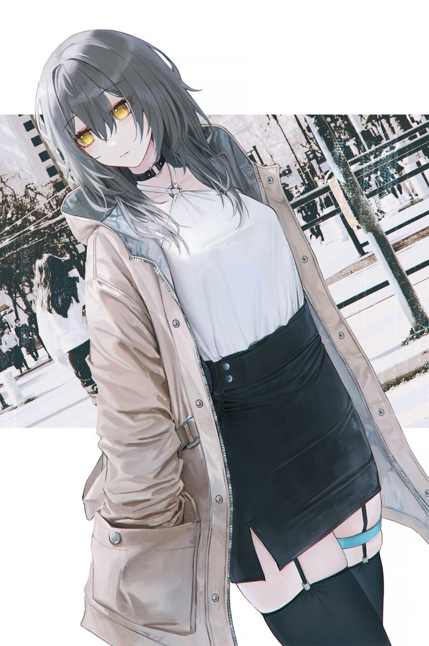 absurdres alternate_costume black_garter_straps black_skirt black_thighhighs casual closed_mouth coat expressionless flippy_(cripine111) garter_straps grey_hair hair_between_eyes hand_in_pocket highres honkai:_star_rail honkai_(series) hood hood_down hooded_coat long_hair looking_to_the_side open_clothes open_coat outdoors shirt shirt_tucked_in skirt solo_focus stelle_(honkai:_star_rail) thigh_strap thighhighs trailblazer_(honkai:_star_rail) white_shirt yellow_eyes