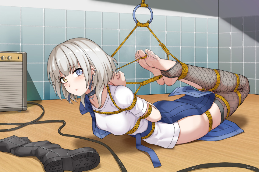 1girl arms_behind_back bang_dream! bang_dream!_it&#039;s_mygo!!!!! barefoot bdsm black_thighhighs blue_eyes bondage boots bound bound_arms bound_legs breasts choker collar collarbone fishnet_thighhighs fishnets full_body grey_choker grey_hair haimei1980 heterochromia hogtie indoors kaname_raana looking_at_viewer lying medium_hair no_panties on_stomach shibari shirt skindentation slave small_breasts solo stirrup_legwear t-shirt thighhighs toeless_legwear unworn_boots white_shirt yellow_eyes