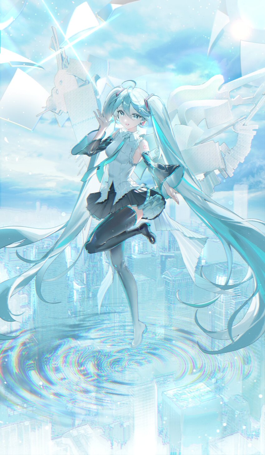 1girl absurdres adapted_costume antenna_hair black_boots black_skirt black_sleeves black_thighhighs blue_eyes blue_hair blue_sky boots breasts city collared_shirt day detached_sleeves frilled_shirt_collar frills full_body hair_between_eyes hand_up hatsune_miku headphones highres leg_up long_hair long_sleeves looking_at_viewer miniskirt open_mouth outstretched_arm pleated_skirt r_aeel reflection shirt skirt skirt_set sky sleeveless sleeveless_shirt small_breasts solo standing standing_on_liquid standing_on_one_leg sun taut_clothes taut_shirt thigh_boots thighhighs thighs tiptoes very_long_hair vocaloid white_wings wings