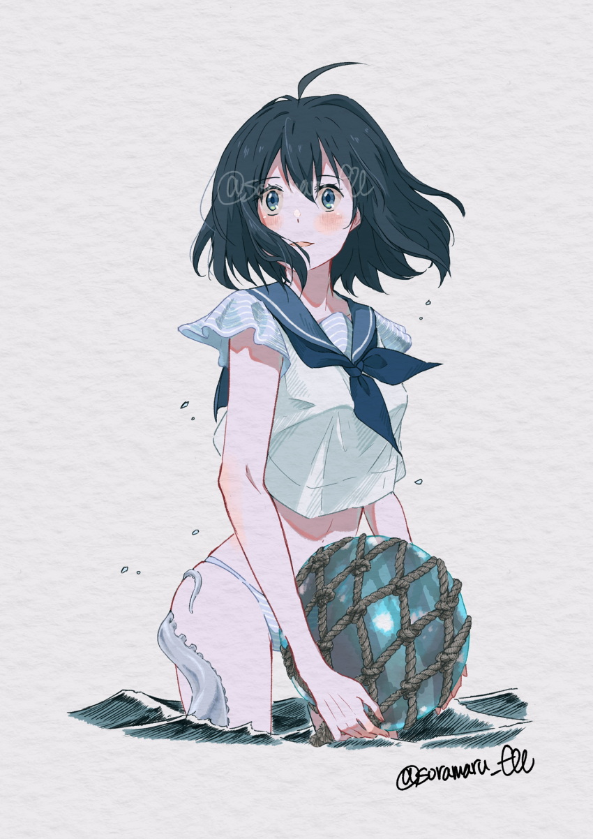 1girl ahoge black_hair blue_eyes blue_sailor_collar blush buoy highres holding humanization looking_afar navel neckerchief original panties paper_texture partially_submerged rope sailor_collar sailor_shirt shirt short_hair signature solo soramaru_ell striped_clothes striped_panties tentacle_grab tentacles twitter_username underwear water watermark