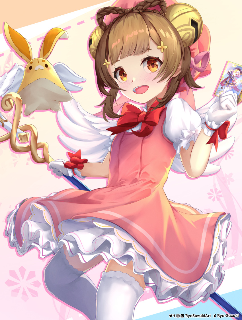 1girl absurdres bell brown_hair cardcaptor_sakura cosplay dress genshin_impact gloves highres jingle_bell kinomoto_sakura kinomoto_sakura_(cosplay) magical_girl open_mouth puffy_short_sleeves puffy_sleeves qiqi_(genshin_impact) ryo-suzuki short_sleeves solo staff wings yaoyao_(genshin_impact) yellow_eyes