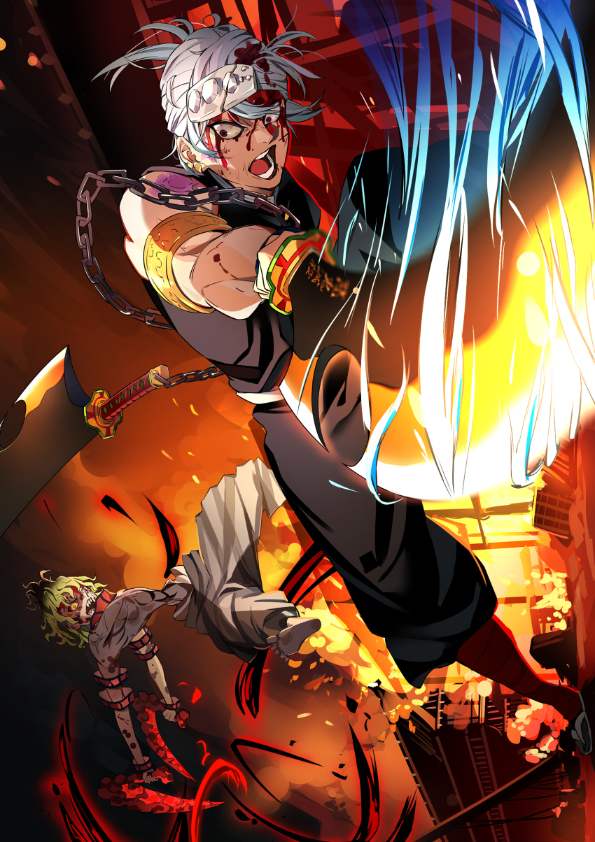 2boys absurdres armlet blood blood_on_face bloodshot_eyes burning chain commentary destruction dual_wielding duel ear_piercing embers fighting_stance fire forehead_protector green_hair gyuutarou_(kimetsu_no_yaiba) highres hip_bones holding holding_scythe holding_sword holding_weapon house ibaraki_shun jewelry kama_(weapon) kimetsu_no_yaiba looking_at_another male_focus multiple_boys muscular muscular_male night ninja open_mouth piercing red_eyes scythe sharp_teeth shirt shouting sickle sideways skinny sleeveless sleeveless_shirt swinging sword teeth translated uzui_tengen veins weapon white_hair yellow_eyes