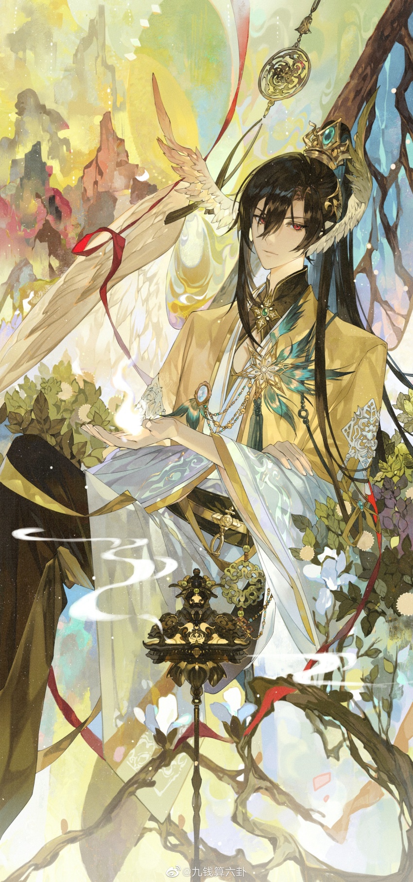 1boy absurdres asymmetrical_sidelocks ayn_alwyn black_hair black_pants black_sash black_shirt brooch chinese_clothes cleavage_cutout closed_mouth clothing_cutout crossed_legs expressionless feathered_wings feathers feet_out_of_frame fire flower hair_between_eyes hand_on_own_arm hanfu head_wings high_ponytail highres in_tree incense incense_burner jacket jewelry layered_sleeves long_sleeves looking_at_viewer lovebrush_chronicles magnolia male_focus mountain open_hand outstretched_hand pants ponytail pyrokinesis red_eyes red_ribbon ribbon robe sash shachang shirt sitting sitting_in_tree smoke solo tassel tree v-shaped_eyebrows watermark weibo_watermark white_flower white_robe white_wings wide_ponytail wings xiao_guan_(headdress) yaopei yellow_jacket