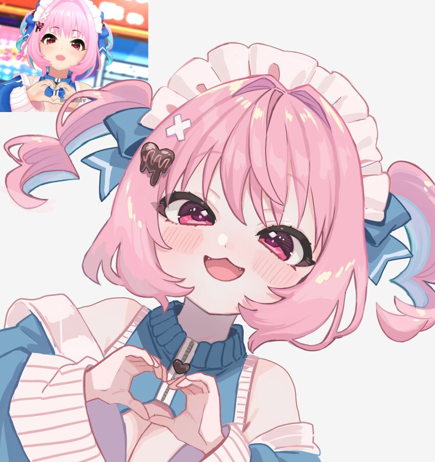 1girl :3 absurdres aqua_hair aqua_nails blue_dress blue_jacket blue_ribbon blush breasts cleavage cleavage_cutout clothing_cutout derivative_work dress fangs game_screenshot_inset hair_intakes hair_ornament hair_ribbon hairclip heart heart_hair_ornament heart_hands highres idolmaster idolmaster_cinderella_girls idolmaster_cinderella_girls_starlight_stage jacket large_breasts long_sleeves looking_at_viewer maid_headdress medium_hair multicolored_hair nail_polish open_mouth pink_eyes pink_hair ribbon screenshot_redraw simple_background sleeveless sleeveless_dress smile solo sukoyaka_(100hituzi) two-tone_hair two_side_up white_background yumemi_riamu