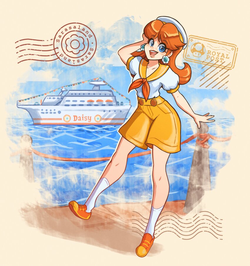 1girl absurdres blue_eyes brown_hair cruise_ship earrings flower_earrings hat highres jewelry long_hair lysum mario_(series) mario_kart mario_kart_tour nintendo ocean open_mouth orange_shoes orange_shorts princess_daisy princess_daisy_(sailor) sailor_hat shoes shorts smile socks white_socks