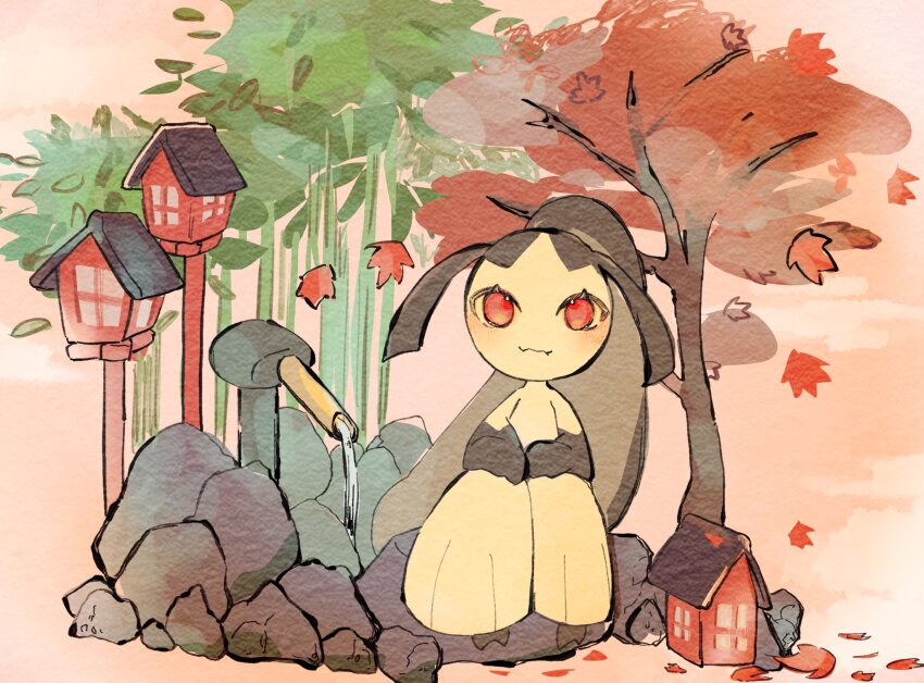 1girl 1other autumn_leaves bamboo closed_mouth commentary falling_leaves gen_3_pokemon highres lantern leaf mawile nehokuchikuchi nintendo on_rock outdoors pokemon pokemon_(creature) red_eyes rock shishi_odoshi sitting smile solo tree water wooden_lantern