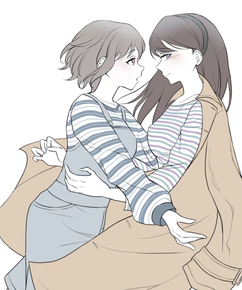 2girls absurdres bang_dream! bang_dream!_it&#039;s_mygo!!!!! black_hairband blue_shirt blush brown_hair closed_mouth commentary grey_hair grey_skirt hairband hashtag-only_commentary highres imminent_hug long_hair long_sleeves mole mole_under_eye multiple_girls open_mouth pink_eyes puni_0626 purple_eyes purple_shirt shiina_taki shirt short_hair simple_background skirt suspender_skirt suspenders takamatsu_tomori white_background white_shirt yuri