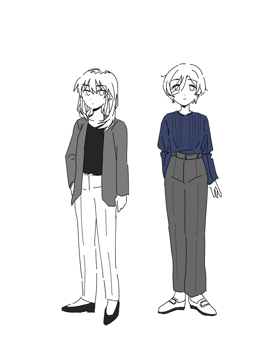 22/7 22/7_ongaku_no_jikan 2girls black_pants black_shirt blue_sweater commentary_request earclip earrings full_body girls_band_cry grey_jacket hair_between_eyes hand_in_pocket highres jacket jewelry kawaragi_momoka long_hair long_hair_between_eyes long_sleeves looking_at_viewer multicolored_hair multiple_girls nes_q pants partially_colored roots_(hair) rupa_(girls_band_cry) shirt short_hair simple_background stud_earrings sweater white_background white_pants
