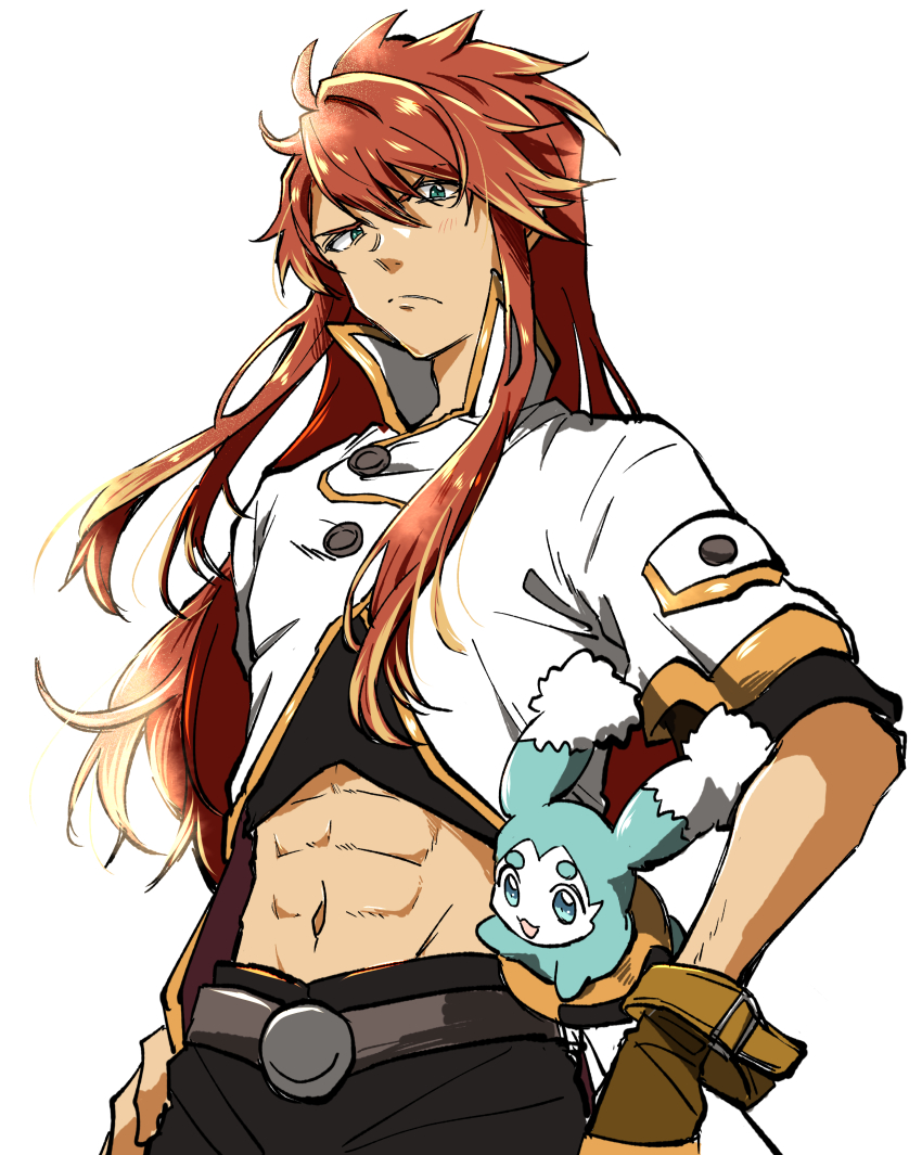 1boy abs absurdres belt buttons creature crop_top cropped_jacket fingerless_gloves gloves green_eyes hand_on_own_hip high_collar highres kudou_makoto long_hair looking_at_viewer luke_fon_fabre mieu_(tales) red_hair sidelocks tales_of_(series) tales_of_the_abyss white_background