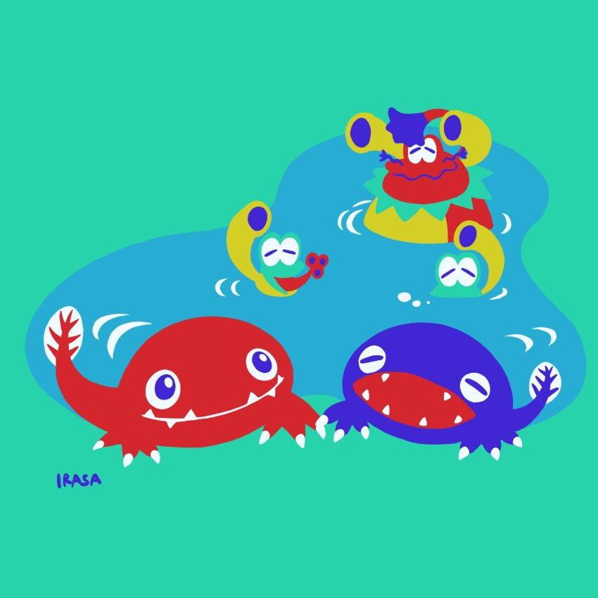 blue_eyes claws digimon digimon_(creature) frog gekomon highres otamamon otamamon_(red) sharp_teeth smile tadpole tail teeth tonosamagekomon