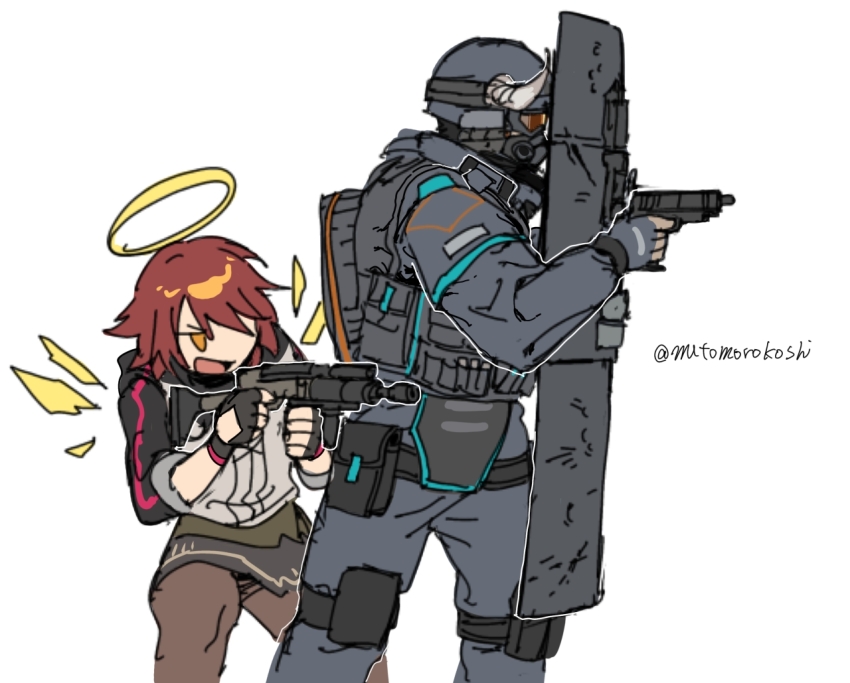 1boy 1girl aiming arknights assault_rifle black_gloves black_helmet black_jacket black_pants bulletproof_vest character_request combat_helmet energy_wings exusiai_(arknights) feet_out_of_frame fingerless_gloves from_side gloves goggles gun hair_over_one_eye halo handgun helmet hiding hiding_behind_another holding holding_gun holding_shield holding_weapon horns horns_through_headwear jacket load_bearing_vest long_sleeves mask mouth_mask mutomorokoshi no_sclera open_mouth orange_eyes pants pantyhose peeking_out pouch red_hair rifle riot_shield shield short_hair simple_background sleeves_rolled_up smile squatting tactical_clothes thigh_pouch twitter_username v-shaped_eyebrows weapon white_background