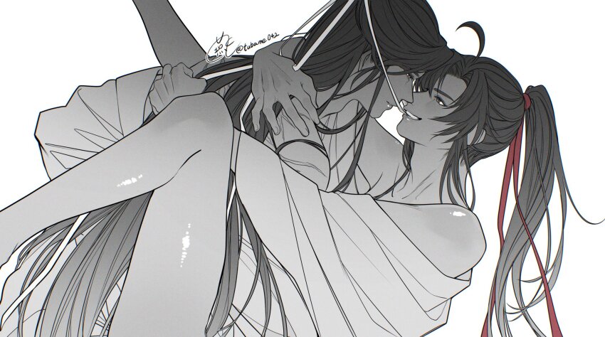 2boys ahoge bare_legs bishounen black_hair bottomless chinese_clothes eye_contact face-to-face greyscale hair_ribbon hanfu high_ponytail highres hug implied_sex lan_wangji long_hair long_sleeves looking_at_another male_focus modao_zushi monochrome mouth_hold multiple_boys off_shoulder parted_lips partially_undressed ponytail red_ribbon ribbon ribbon_in_mouth robe robe_partially_removed scar scar_on_back signature simple_background smile spread_legs teeth teeth_hold tsubame-shi_(tubame) twitter_username very_long_hair wei_wuxian white_background white_ribbon yaoi