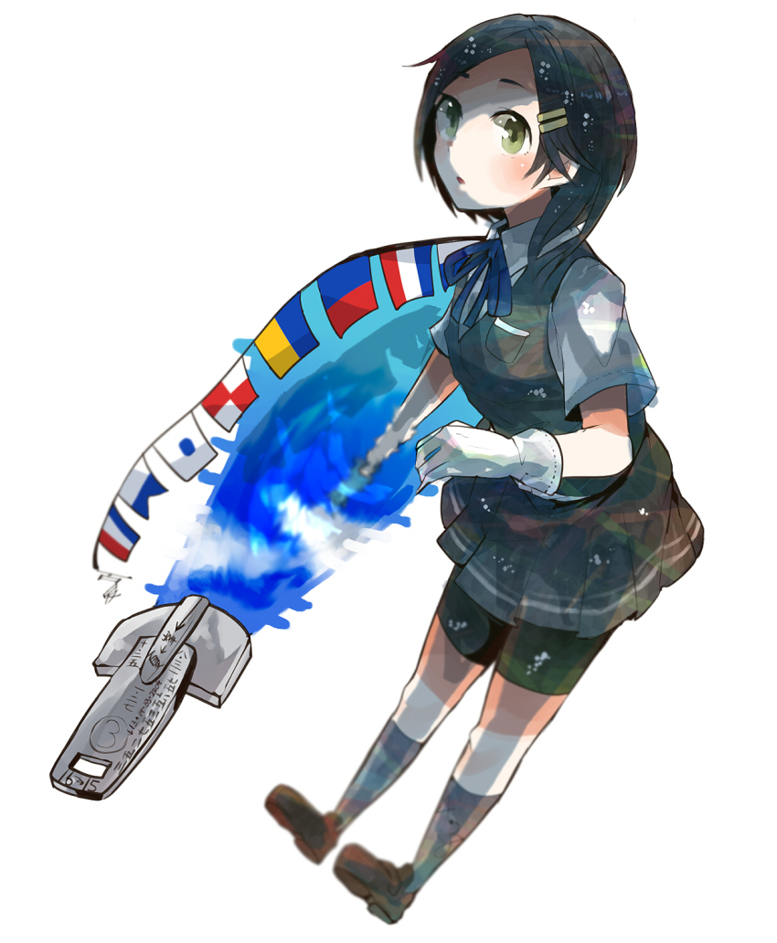 1girl bike_shorts bike_shorts_under_skirt black_hair black_shorts black_skirt black_vest blue_ribbon breast_pocket brown_shoes flags_of_all_nations full_body gloves green_eyes hair_ornament hairclip highres itomugi-kun kantai_collection kuroshio_(kancolle) loafers looking_at_viewer looking_to_the_side neck_ribbon pleated_skirt pocket ribbon school_uniform shoes short_sleeves shorts signal_flag skirt solo string_of_flags vest water white_background white_gloves wing_collar zipper