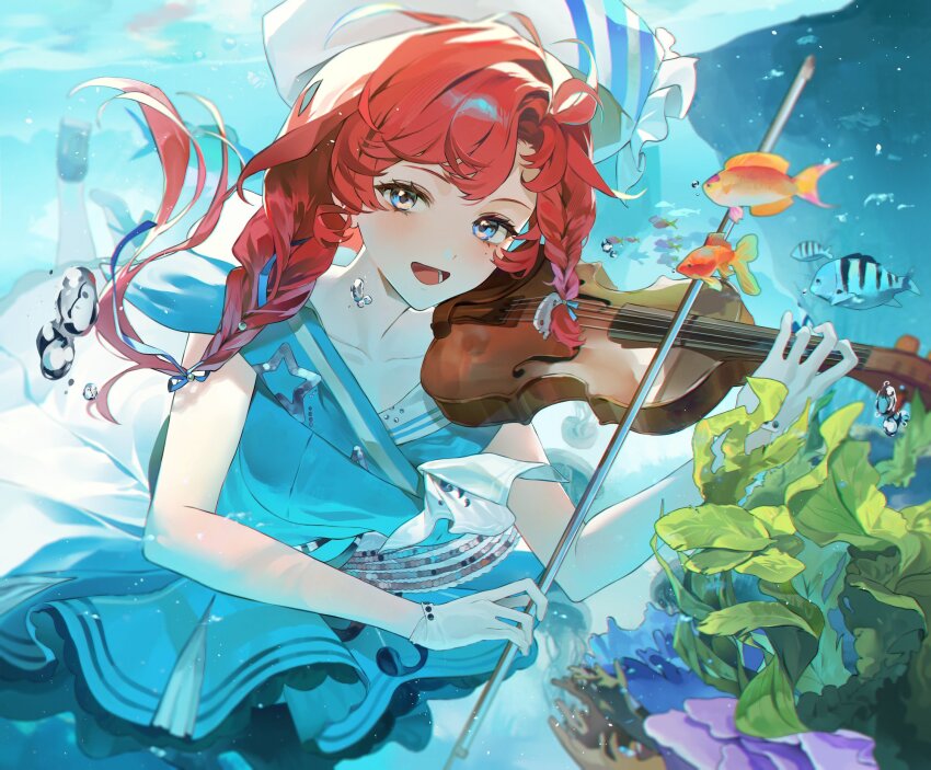 1girl :d air_bubble baegi201 barcarola_(reverse:1999) black_shoes blue_eyes blue_shirt blue_skirt bow_(music) braid bubble fish freediving full_body gloves hat highres holding holding_bow_(music) holding_instrument holding_violin instrument long_braid looking_at_viewer music open_mouth playing_instrument red_hair reverse:1999 sailor_collar seaweed shirt shoes skirt sleeveless sleeveless_shirt smile solo twin_braids underwater violin white_gloves witch_hat