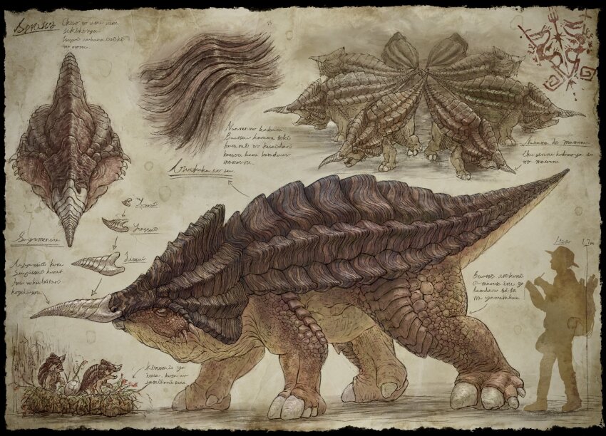 animal_focus arrow_(projectile) black_border border reference_sheet commentary_request egg from_side full_body gibberish_text highres horns kuribatake monster multiple_views nest original paper_texture profile scales silhouette single_horn tail yellow_background yellow_eyes