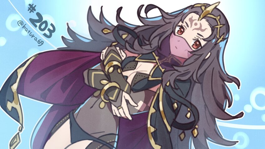 1girl black_hair blue_panties bodystocking facial_mark fire_emblem fire_emblem_fates forehead_mark highres katsura_ichiho long_hair messy_hair mouth_veil nintendo nyx_(fire_emblem) panties red_eyes tiara underwear veil very_long_hair