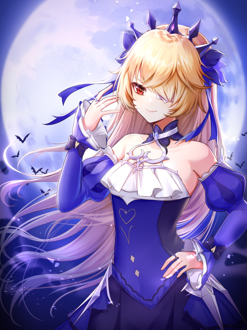 1girl absurdres armpits blonde_hair collarbone commentary detached_collar detached_sleeves dress english_commentary eyepatch fischl_(ein_immernachtstraum)_(genshin_impact) fischl_(genshin_impact) frilled_dress frills genshin_impact hair_down hair_over_one_eye hair_ribbon highres hip jewelry long_bangs long_hair long_sleeves looking_at_viewer neck_ring official_alternate_costume official_alternate_hairstyle red_eyes ribbon sidelocks simple_background smile solo tiara zx961219