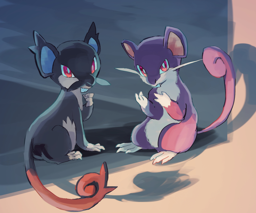 alolan_form alolan_rattata black_fur claws commentary_request curled_tail full_body fusenryo gen_1_pokemon gen_7_pokemon looking_at_viewer mouse_(animal) nintendo no_humans pokemon pokemon_(creature) purple_fur rattata red_eyes shadow whiskers