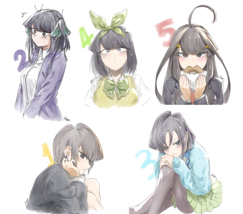 1girl ahoge alternate_hairstyle bagel black_eyes black_hair black_jacket black_pantyhose blazer bow butterfly_hair_ornament cosplay earrings eating go-toubun_no_hanayome green_bow green_hairband green_skirt hair_ornament hairband headphones highres huge_ahoge jacket jewelry komi-san_wa_komyushou_desu komi_shouko long_hair mitsugu multiple_views nakano_ichika nakano_ichika_(cosplay) nakano_itsuki nakano_itsuki_(cosplay) nakano_miku nakano_miku_(cosplay) nakano_nino nakano_nino_(cosplay) nakano_yotsuba nakano_yotsuba_(cosplay) open_clothes open_jacket pantyhose pleated_skirt purple_jacket shirt simple_background skirt sweater_vest white_background white_shirt yellow_sweater_vest