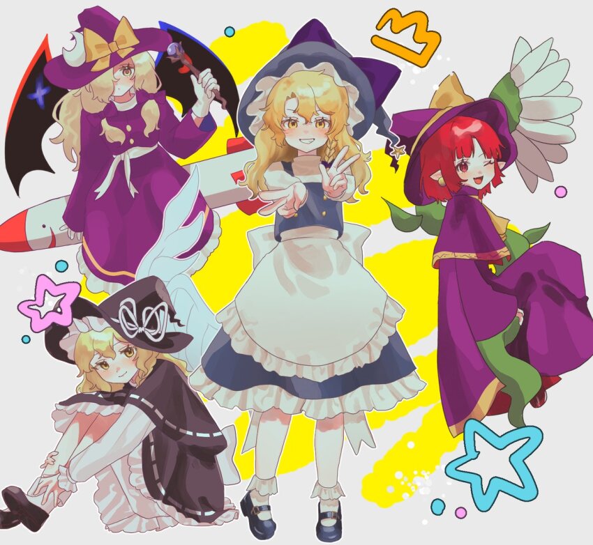 4girls apron ascot bat_wings black_footwear black_headwear black_vest blonde_hair blunt_bangs blush bobby_socks bow braid brush_stroke capelet commentary crown_(symbol) earrings fang frilled_apron frilled_hat frilled_skirt frilled_socks frills full_body grey_background hair_bow hat hat_bow hat_ribbon jewelry kirisame_marisa kirisame_marisa_(pc-98) light_blush long_sleeves mary_janes medium_hair mendako_(mendaco_e) mimi-chan multiple_girls one_eye_closed open_mouth phantasmagoria_of_flower_view purple_bow purple_capelet purple_headwear purple_skirt purple_vest red_eyes red_hair ribbon rocket shirt shoes short_hair side_braid simple_background single_braid sitting sitting_on_object skirt skirt_set smile socks star_(symbol) story_of_eastern_wonderland teeth tongue touhou touhou_(pc-98) v vest waist_bow waist_ribbon wavy_hair white_apron white_shirt wings witch_hat yellow_ascot yellow_bow yellow_eyes