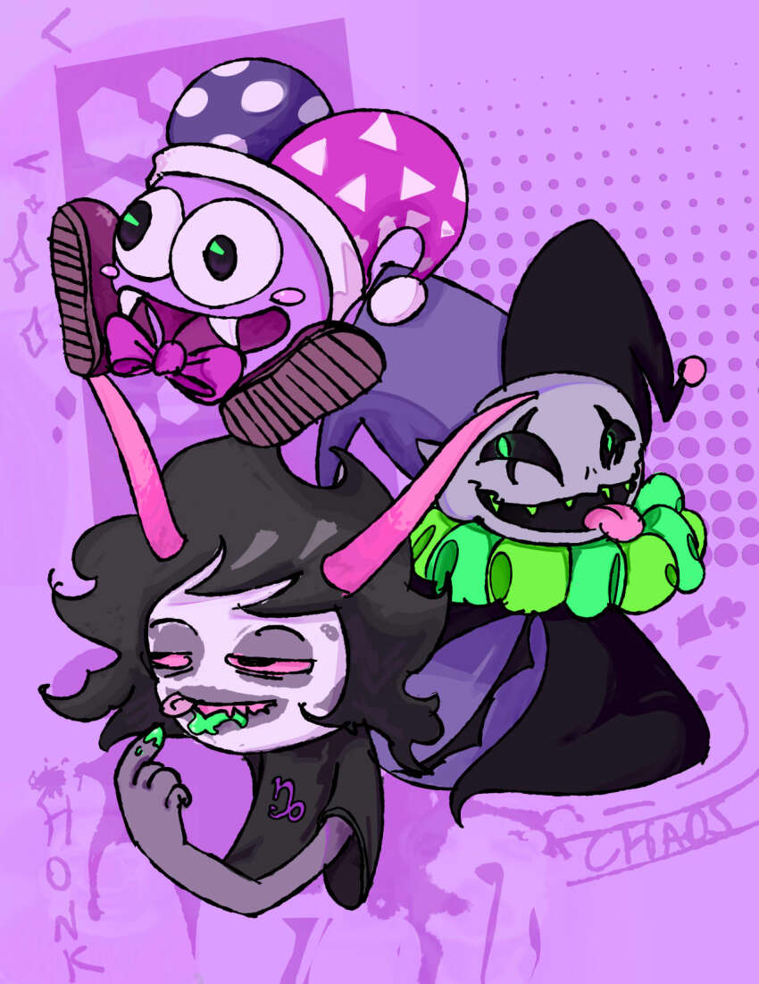 black_hair colored_skin deltarune gamzee_makara grey_skin highres homestuck jester jevil kirby_(series) marx_(kirby) nintendo pachart44 purple_skin utdr_(toby_fox)