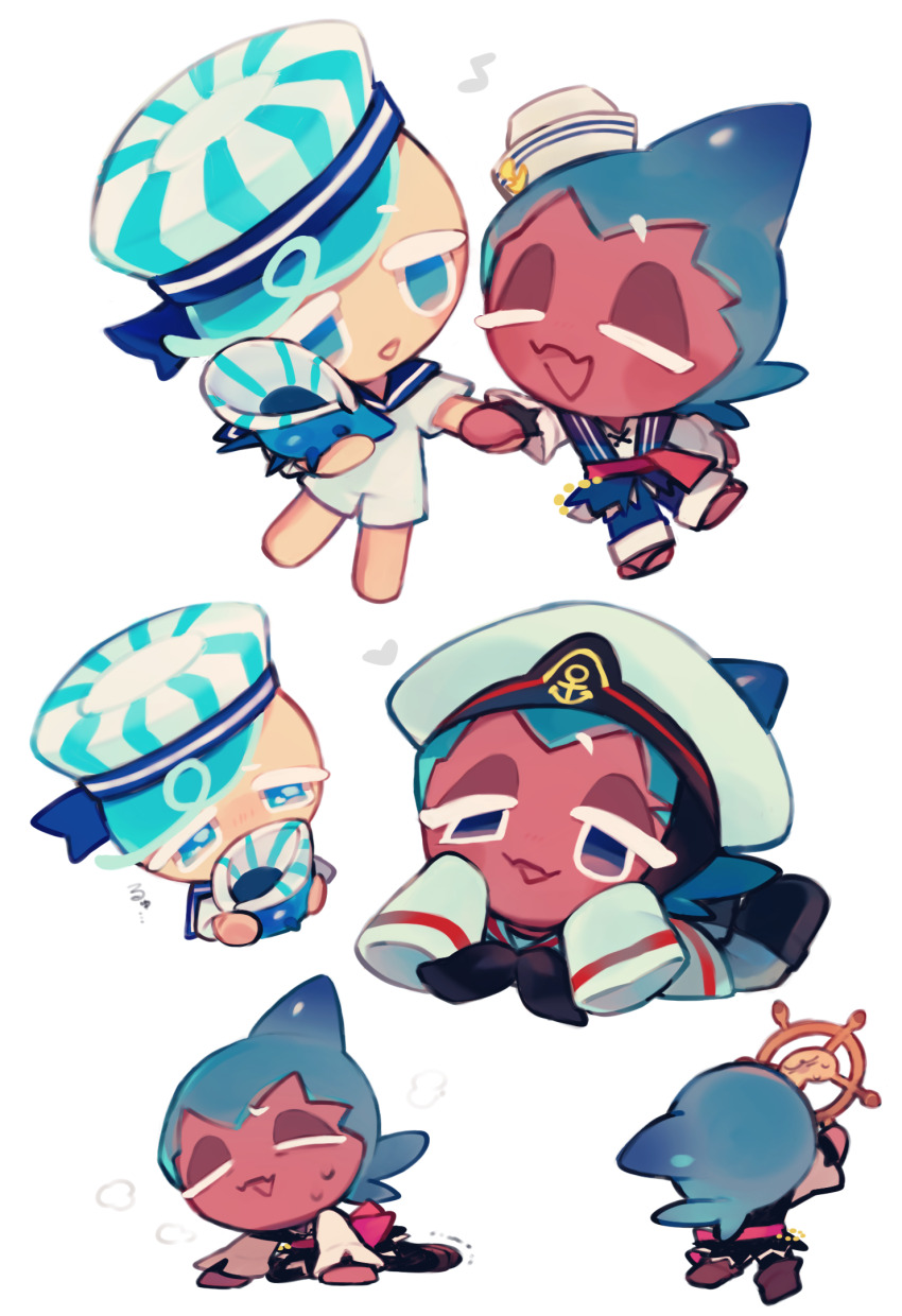 2others anchor_symbol aqua_hair aqua_headwear barefoot blue_eyes blue_hair blue_headwear blue_pants blue_sailor_collar closed_eyes cookie_run cookie_run:_kingdom hat highres holding_hands holding_seashell long_sleeves lying makoto_(konbumi) multicolored_headwear multiple_others multiple_views no_humans official_alternate_costume on_stomach open_mouth pants peppermint_cookie sailor_collar sailor_hat sandals seashell shell shirt short_hair short_sleeves shorts smile sorbet_shark_cookie sorbet_shark_cookie_(romantic_sailor) striped_clothes striped_headwear sweat white_background white_headwear white_shirt white_shorts