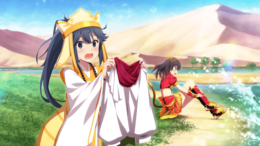 2girls :d adjusting_clothes adjusting_legwear asakura_mihono bead_necklace beads blush brown_hair cosplay day desert dress fake_tail furrowed_brow game_cg hair_between_eyes headgear holding_cloth jewelry journey_to_the_west long_hair long_sleeves looking_at_viewer monkey_tail mountain multiple_girls necklace non-web_source official_art open_mouth outdoors red_skirt sidelocks sitting skirt sky smile standing sun_wukong sun_wukong_(cosplay) tail tang_sanzang tang_sanzang_(cosplay) toji_no_miko toji_no_miko:_kizamishi_issen_no_tomoshibi water white_dress wide_sleeves yamashiro_yui