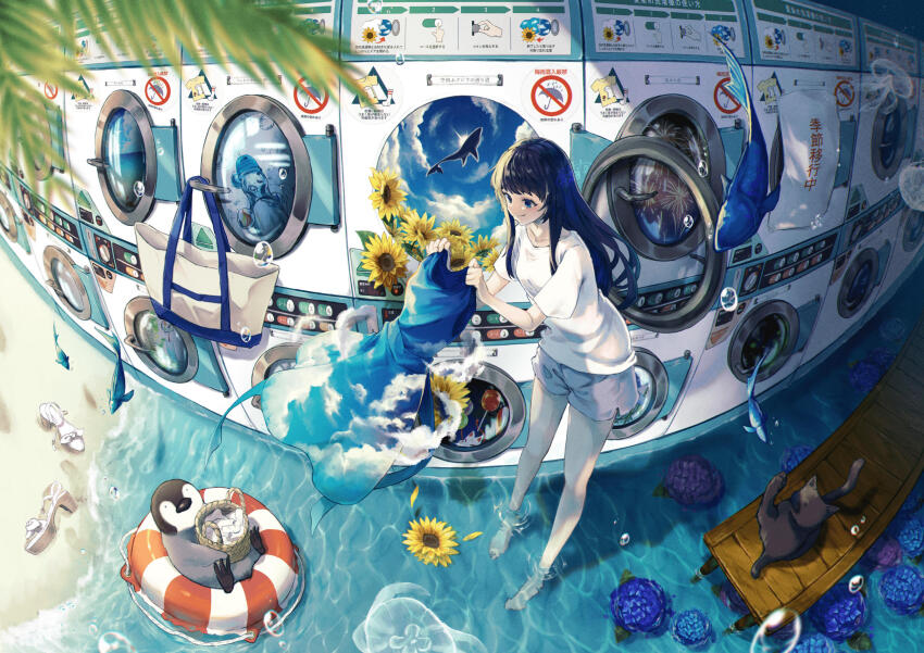 1girl animal bag baracan bare_legs barefoot basket beach bird black_hair blue_eyes blue_sky blurry blurry_foreground bubble candy_apple cat cloud dock dress fireworks fish flower flying_fish flying_whale food high_heels highres holding holding_unworn_clothes hydrangea jellyfish laundromat laundry lifebuoy long_hair no_symbol ocean original palm_leaf penguin pier scenery shallow_water shirt shoes short_shorts short_sleeves shorts sky smile solo standing sunflower surreal swim_ring translation_request unworn_dress unworn_shoes wading washing_machine water whale white_shirt wide_shot