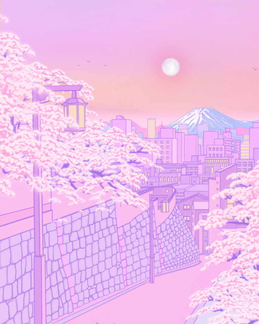 absurdres architecture building cherry_blossoms city cityscape commentary east_asian_architecture english_commentary gradient_sky highres hill horizon lamppost limited_palette moon mount_fuji mountain no_humans orange_sky original outdoors owakita pastel_colors pink_sky pink_theme scenery simple_bird sky skyscraper stone_wall tokyo_(city) tree