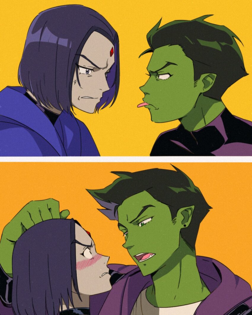1boy 1girl angry beast_boy_(dc) blush colored_skin couple dc_comics embarrassed green_eyes green_hair green_skin height_difference highres pointy_ears purple_eyes purple_hair raven_(dc) teen_titans
