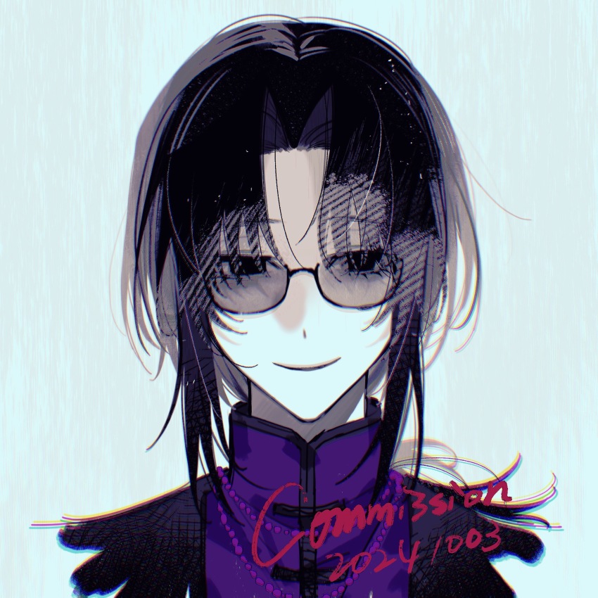 1boy black_eyes black_hair black_jacket chinese_commentary chromatic_aberration closed_mouth commentary_request commission curtained_hair dated grey_background highres huai_yunqing jacket male_focus mandarin_collar open_clothes open_jacket pale_skin parted_bangs portrait purple_shirt shirt smile solo sunglasses teulaiire touqi_guaitan watermark