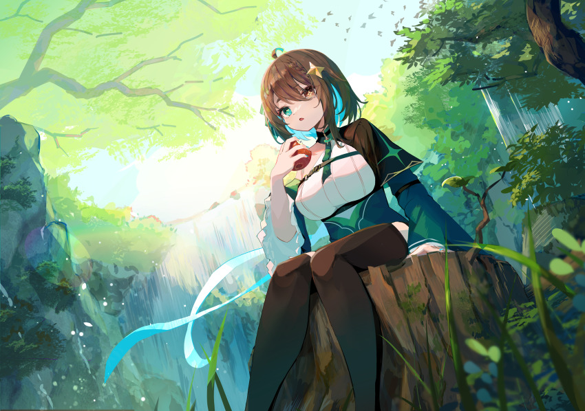1girl absurdres ahoge apple aqua_ribbon arm_belt black_capelet black_thighhighs blue_hair blue_ribbon blurry blurry_foreground braid breasts brown_eyes brown_hair capelet chest_belt cliff colored_inner_hair cross-shaped_pupils day detached_sleeves dress dutch_angle eating feet_out_of_frame flock food forest frilled_sleeves frills fruit grass green_dress green_eyes green_ribbon green_sleeves hair_flaps hair_ornament hair_ribbon half_capelet hand_up heterochromia highres holding holding_food holding_fruit indie_virtual_youtuber large_breasts light_blue_hair light_particles meica_(vtuber) meica_(vtuber)_(1st_costume) mismatched_pupils multicolored_hair nature ribbon shirt single-shoulder_shirt single_braid sitting on_tree_stump sleeveless sleeveless_shirt solo sprout sprout-shaped_pupils star_(symbol) star_hair_ornament symbol-shaped_pupils tamago_nezumi thighhighs tree tree_stump virtual_youtuber water waterfall white_shirt