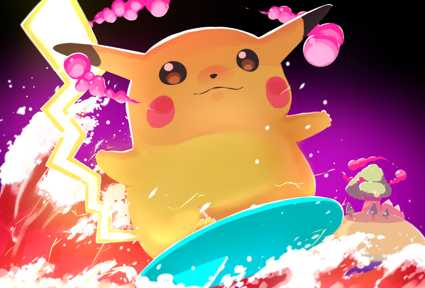 :3 a-kiraa_(whisper) absurdres black_background black_eyes closed_mouth commentary_request creature dynamax gen_1_pokemon gigantamax gigantamax_pikachu gigantamax_snorlax highres looking_at_viewer nintendo no_humans pikachu pokemon pokemon_(creature) simple_background snorlax solo_focus surfboard surfing_pikachu tree water