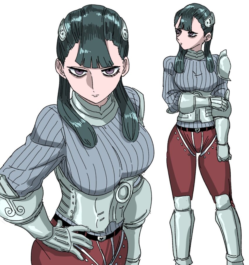 1girl armor ashei bags_under_eyes black_hair gauntlets gorget hand_on_own_hip highres multiple_views nasu_(ilo_a5) nintendo purple_eyes sweater the_legend_of_zelda the_legend_of_zelda:_twilight_princess turtleneck turtleneck_sweater twintails white_background